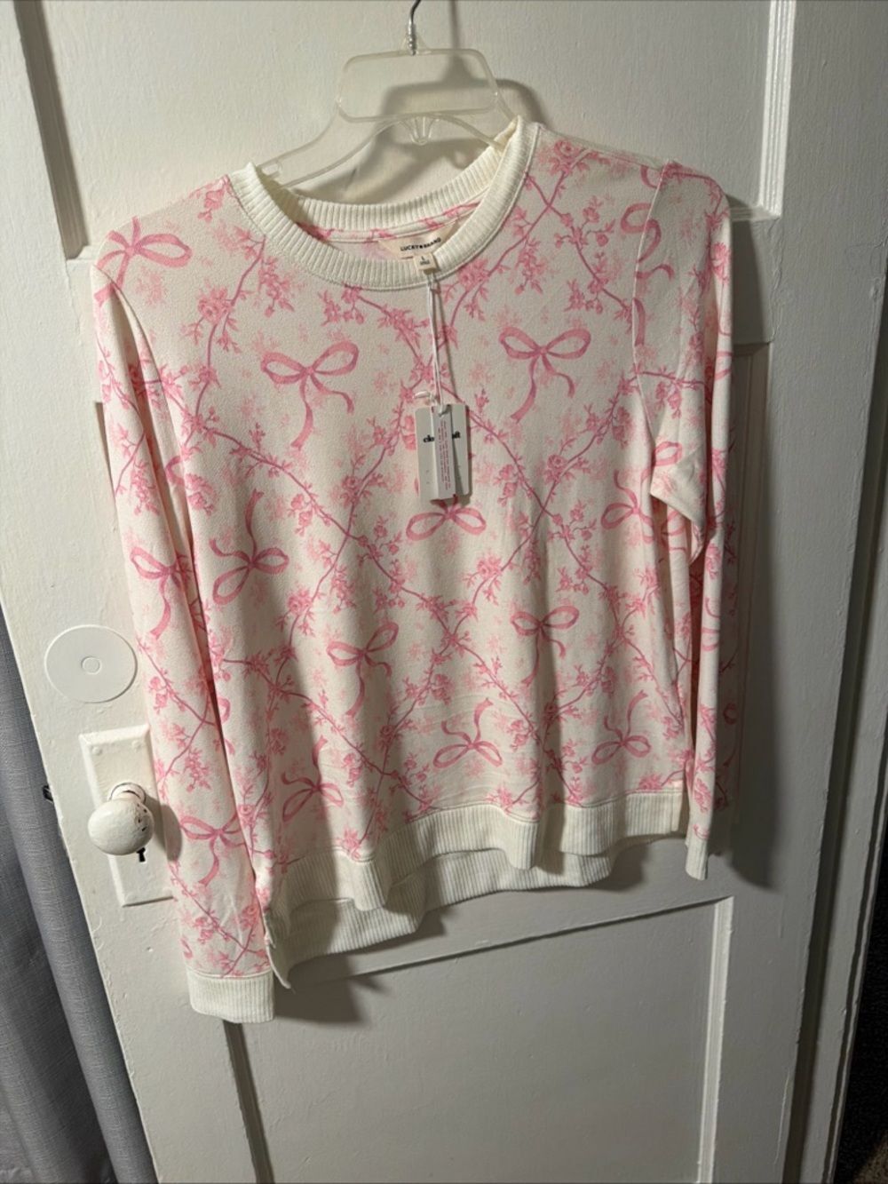 NWT Lucky Women’s Pink Bow Crew Neck Sweater Sz L Cottagecore Cozy Whimsical
